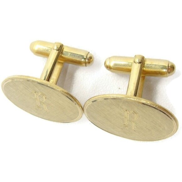 "R" Initial Vintage 12K Gold Filled Cufflinks Vintage Brushed Finish - Picture 3 of 16